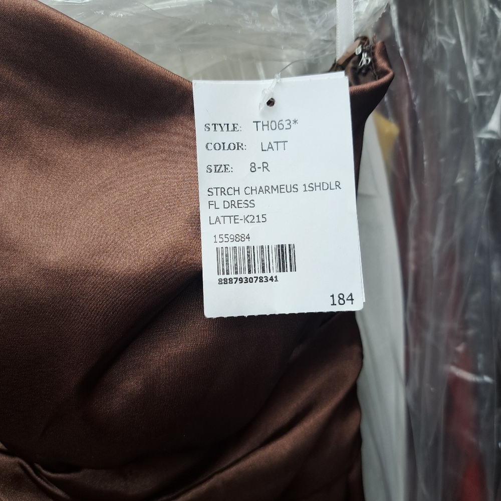Dessy Collection TH063...One-Shoulder Draped Satin Maxi Dress...Latte...Size 8 - Picture 8 of 9